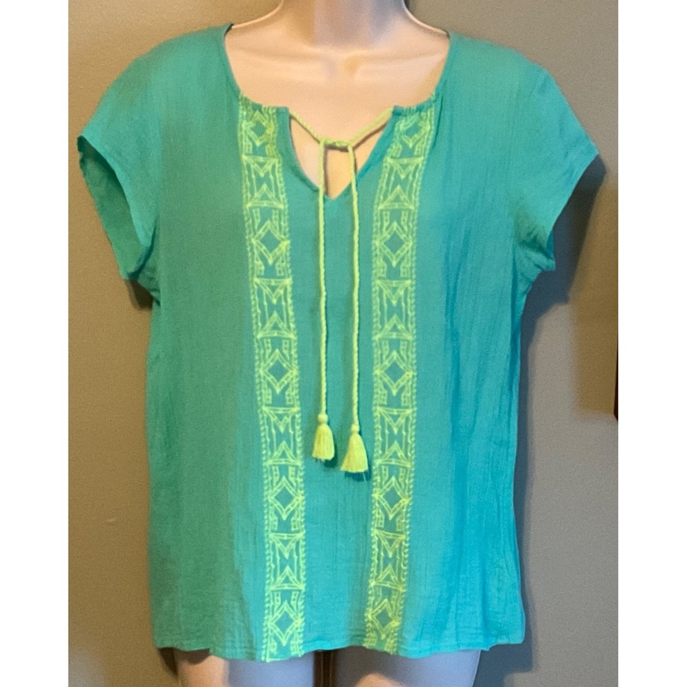 WOMENS DECREE EMBROIDERED M TOP 100% GAUZY COTTON NEON LIME GREEN TASSELS